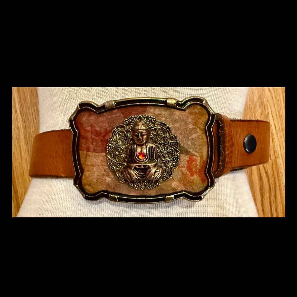 Vintage Buddha Head Buckle Brown Leather Belt Size Small